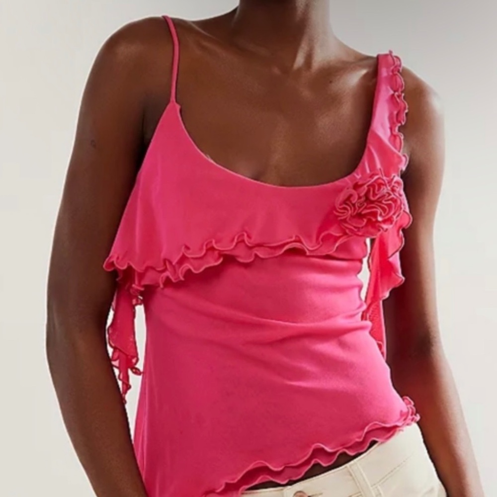 free people fuscia pink rose ruffle mesh tank top